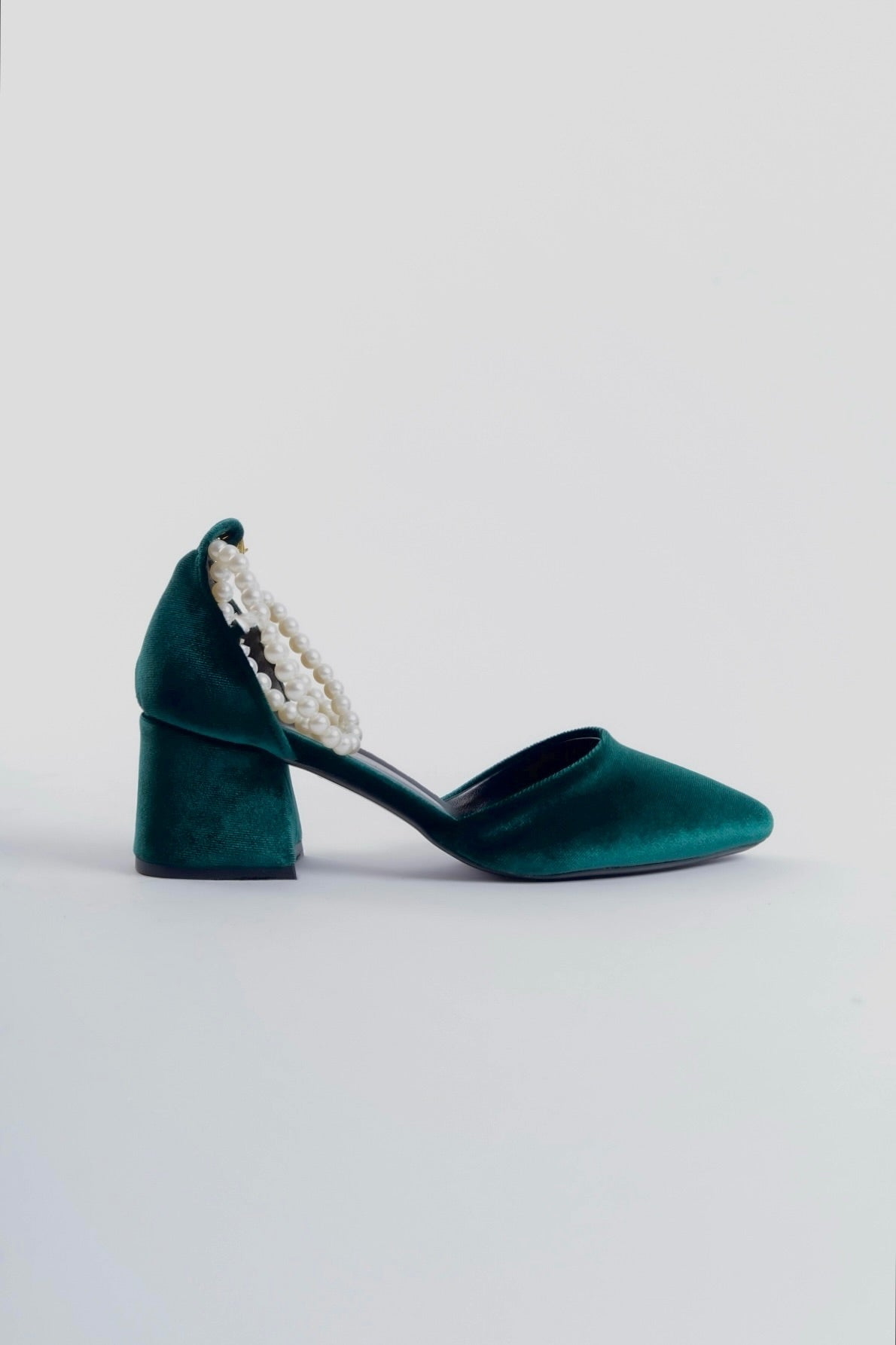 Lucille | Emerald Green Velvet Mid Heels with Pearls