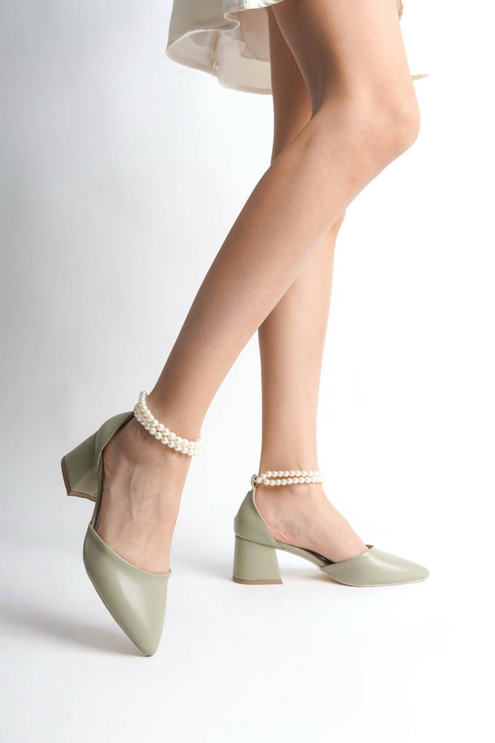 Yvette | Sage Green Mid Heels with Pearls