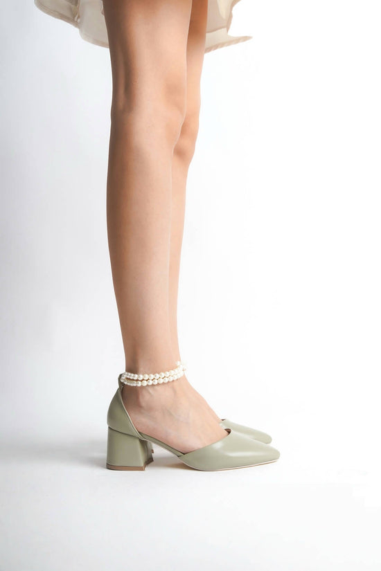 Yvette | Sage Green Mid Heels with Pearls