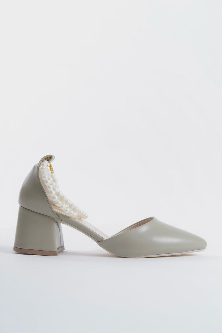Yvette | Sage Green Mid Heels with Pearls