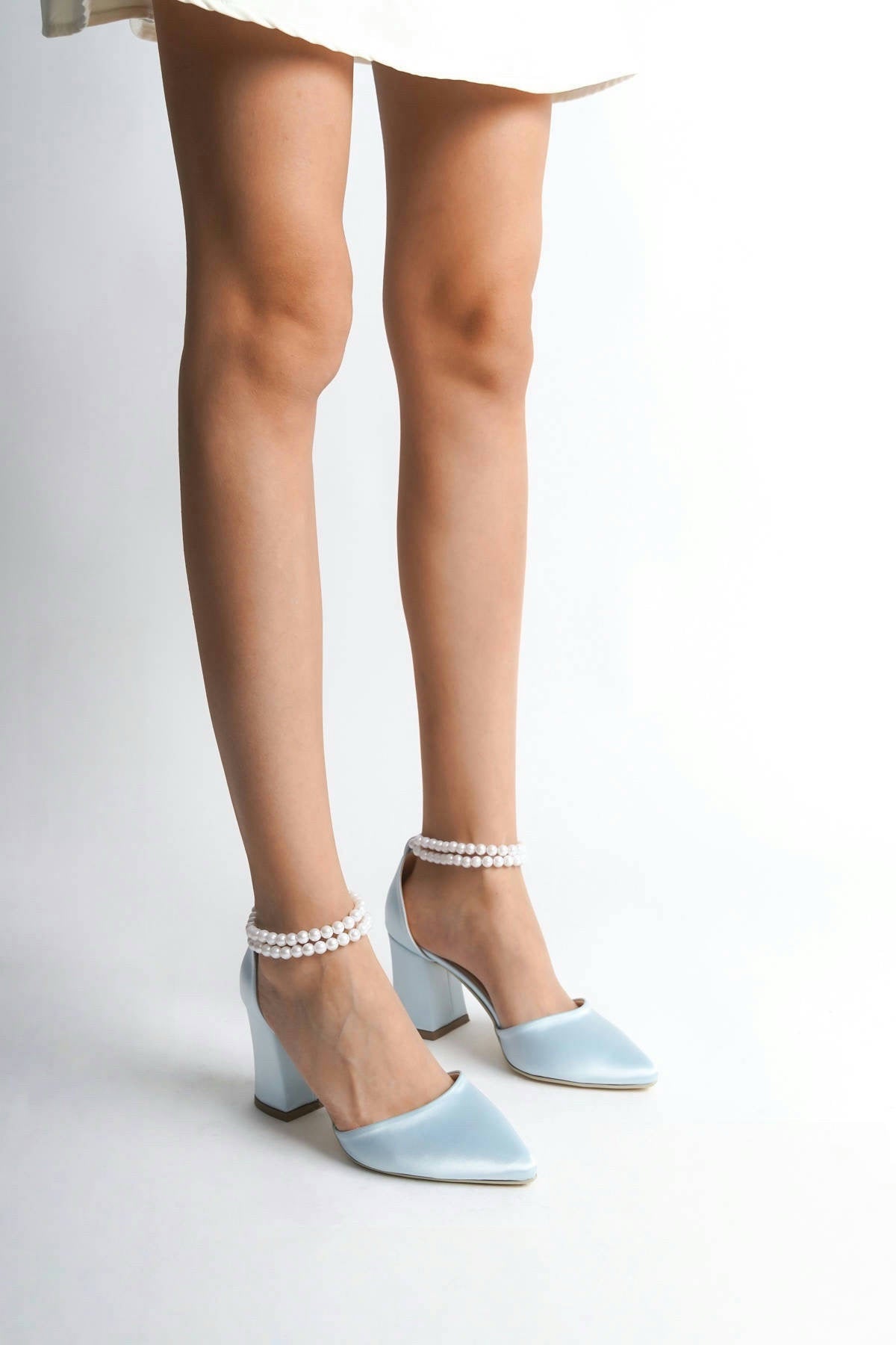 Phaedra | Baby Blue Satin High Heels with Pearls
