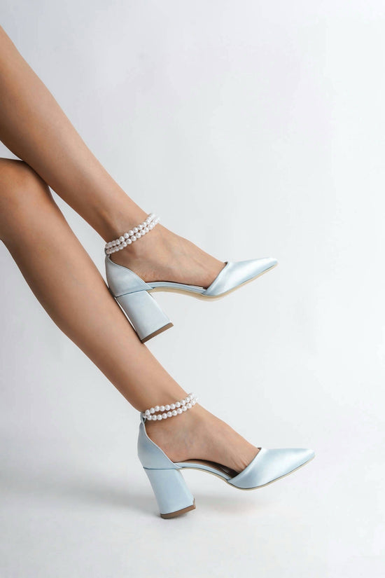 Phaedra | Baby Blue Satin High Heels with Pearls