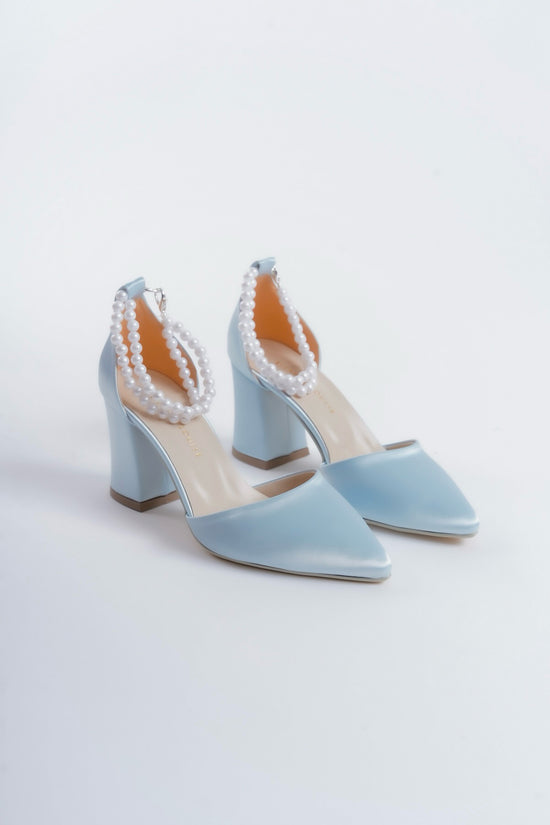 Phaedra | Baby Blue Satin High Heels with Pearls