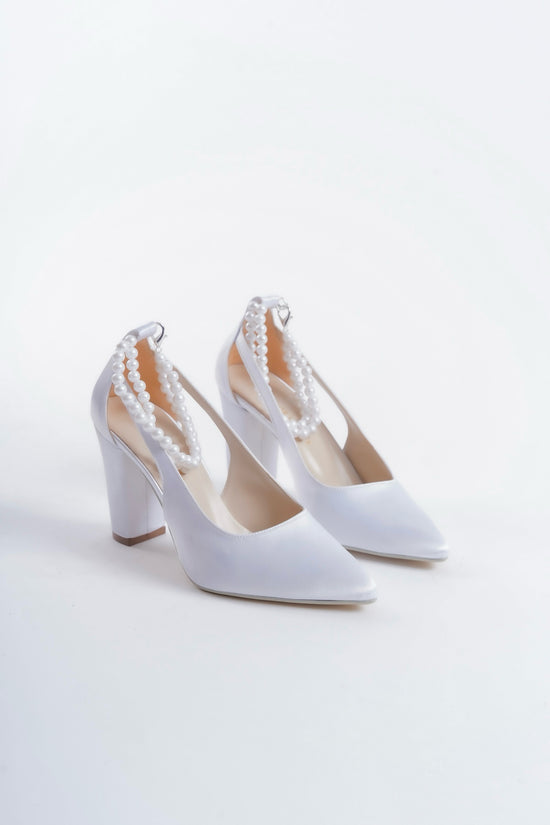 Holly | White Satin High Heels with Pearls