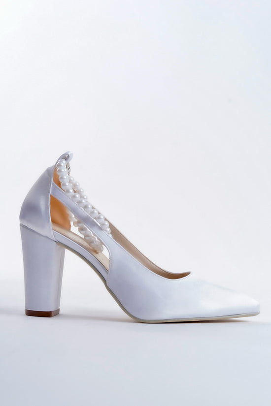 Holly | White Satin High Heels with Pearls