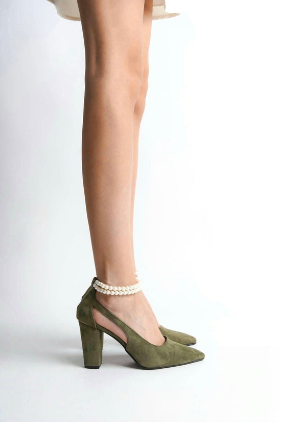 Blanche | Sage Green Suede High Heels with Pearls