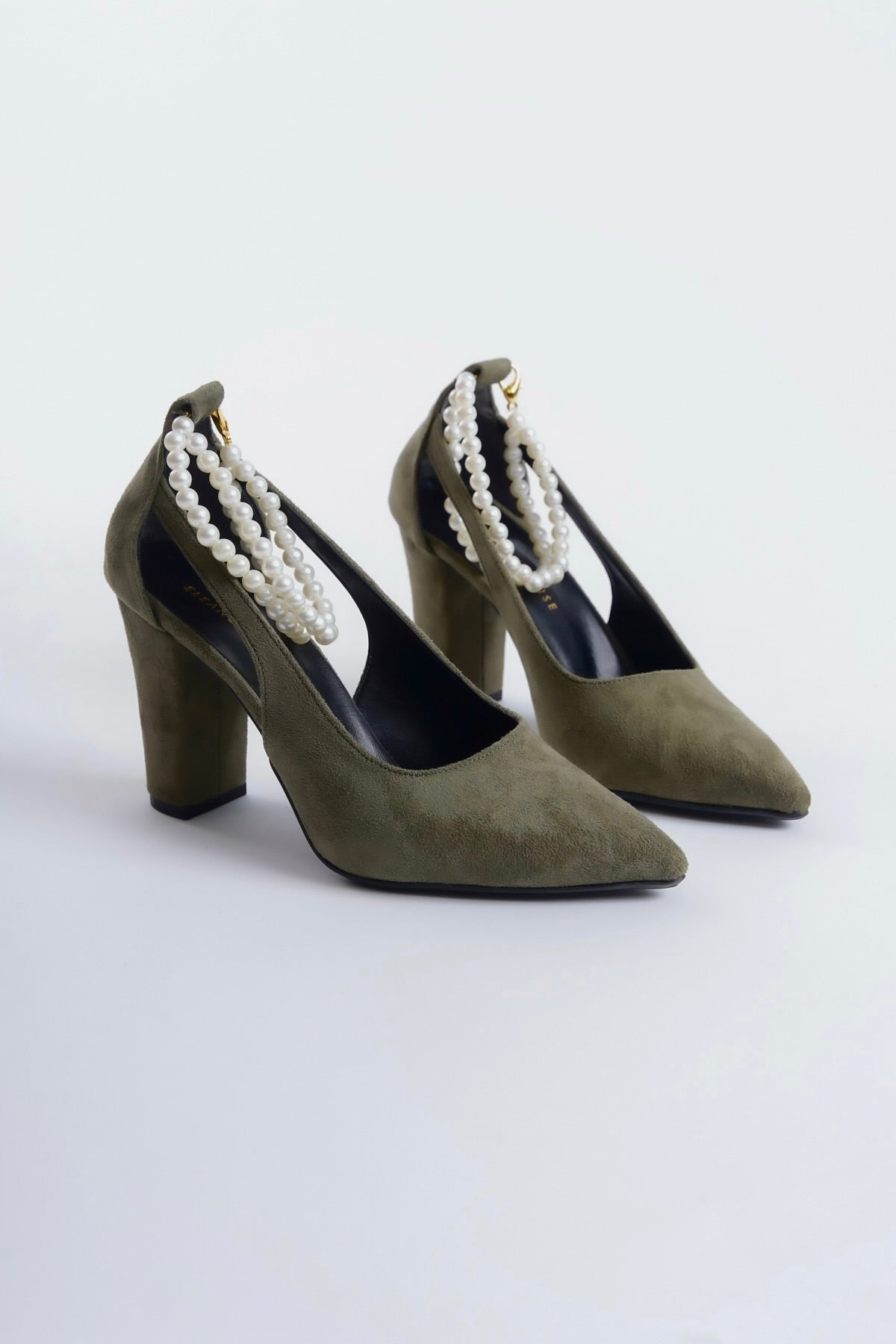 Blanche | Sage Green Suede High Heels with Pearls
