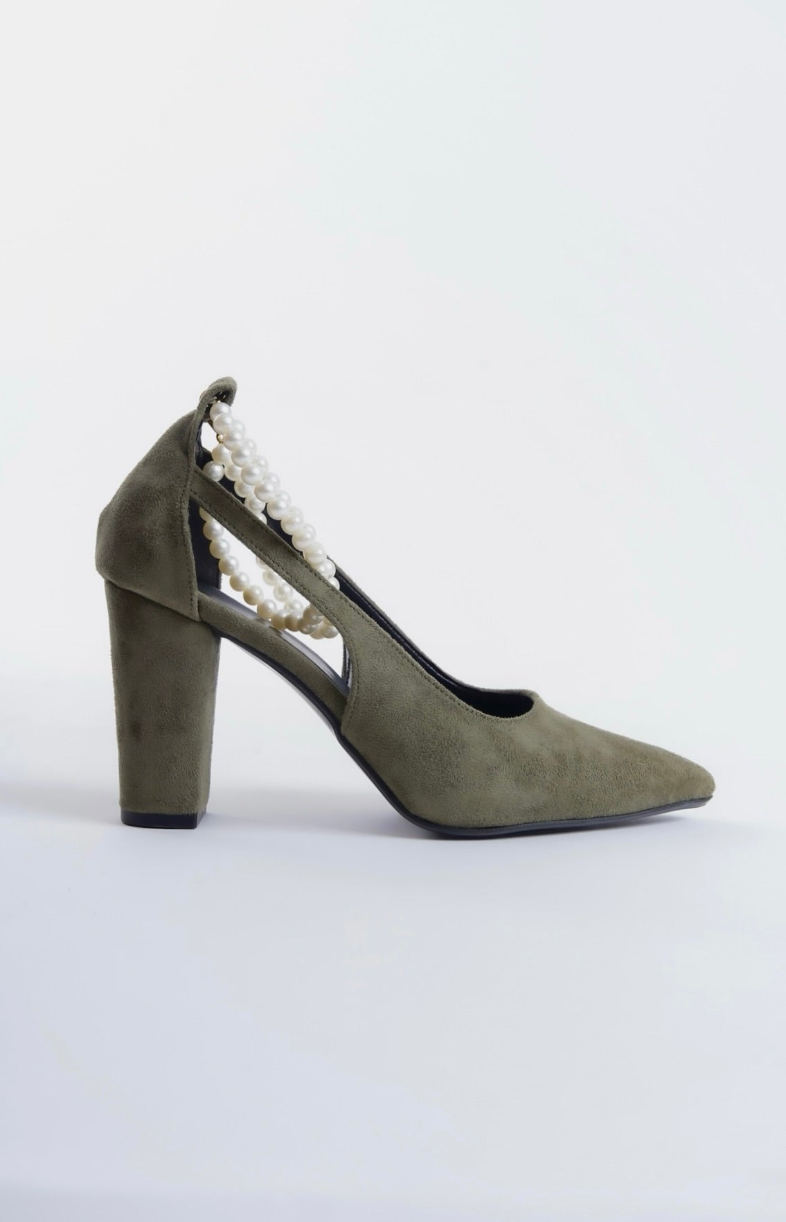 Blanche | Sage Green Suede High Heels with Pearls