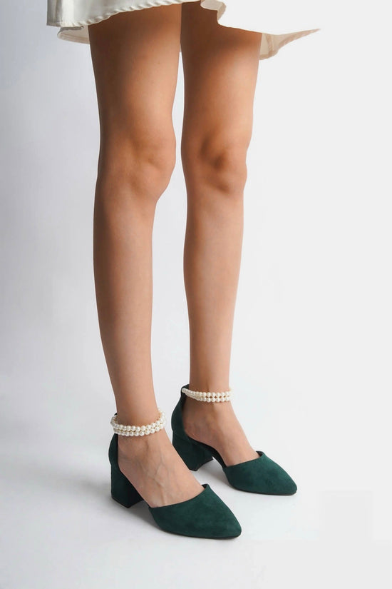 Willow | Emerald Green Suede Mid Heels with Pearls