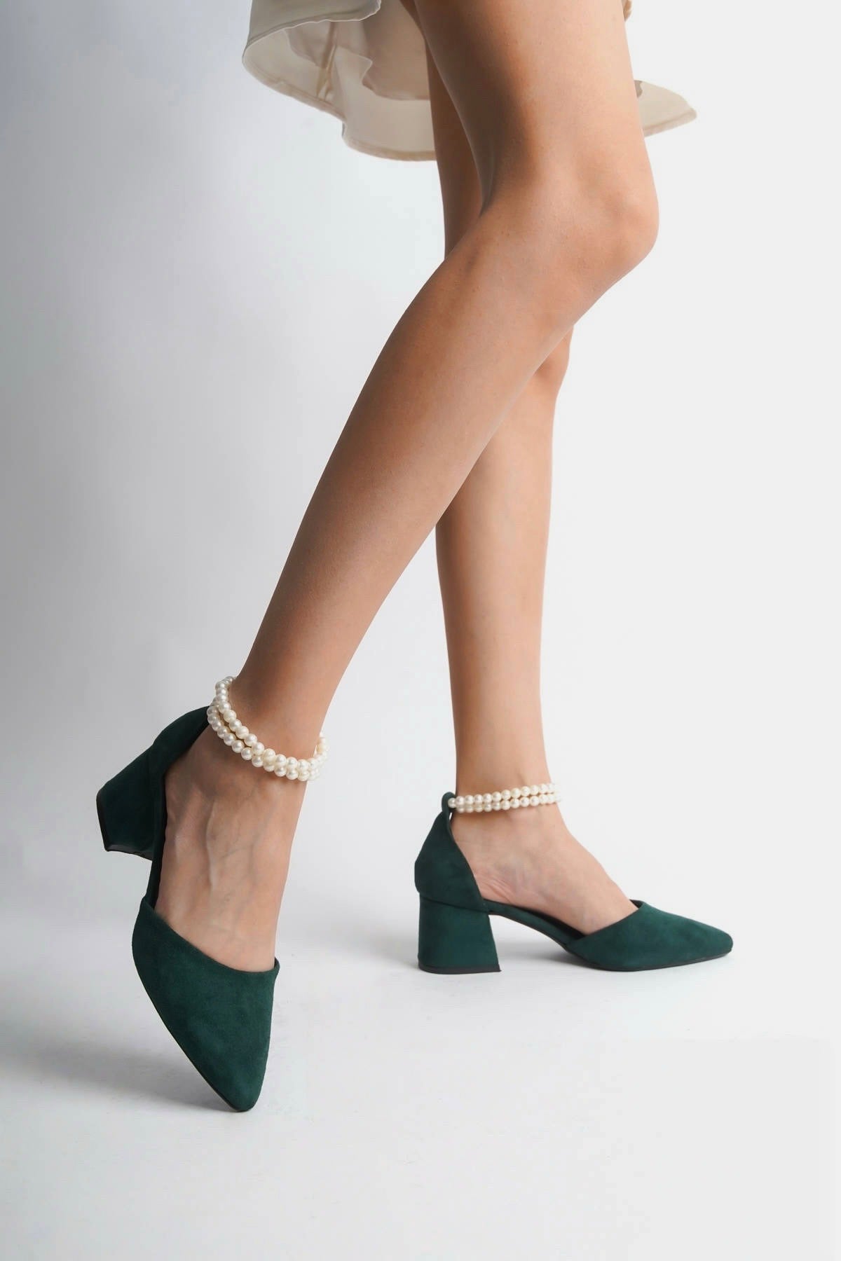 Willow | Emerald Green Suede Mid Heels with Pearls