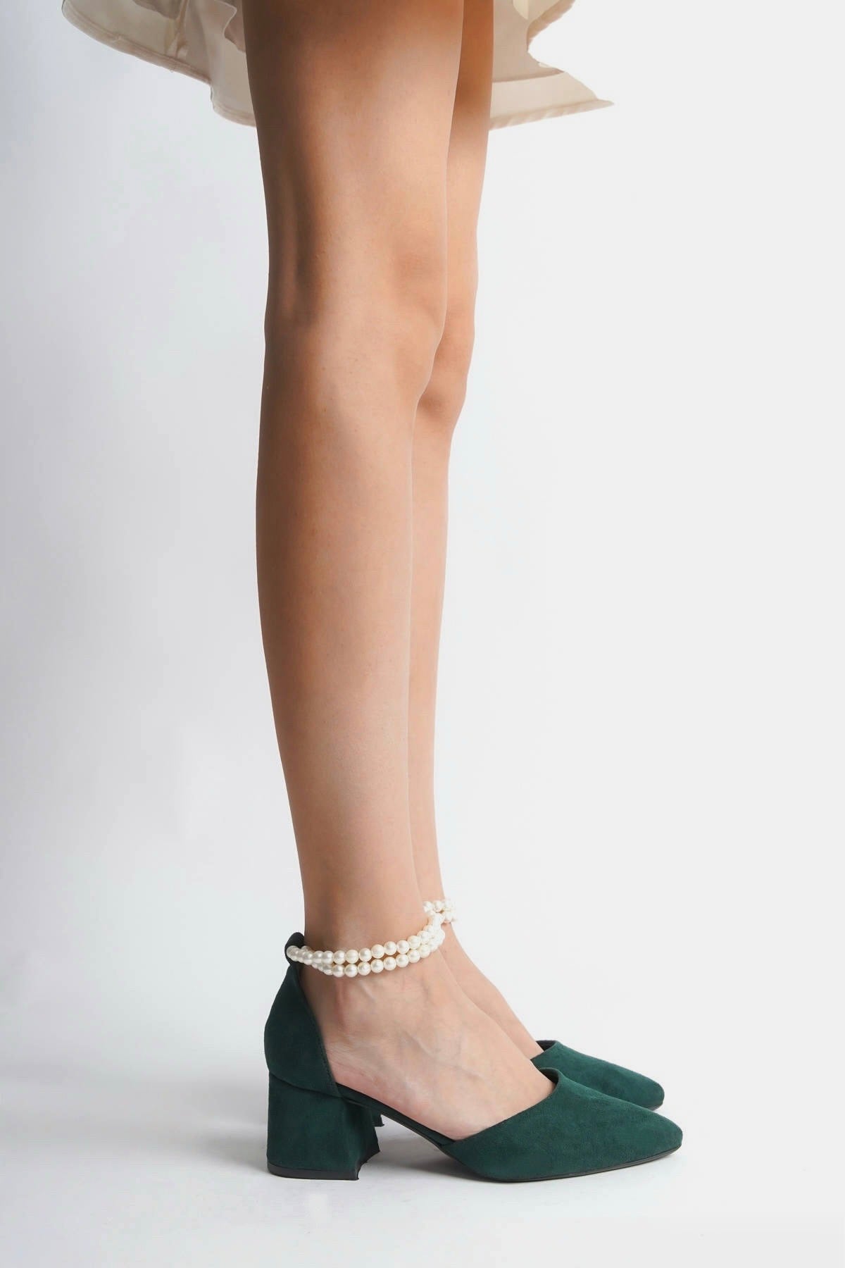 Willow | Emerald Green Suede Mid Heels with Pearls