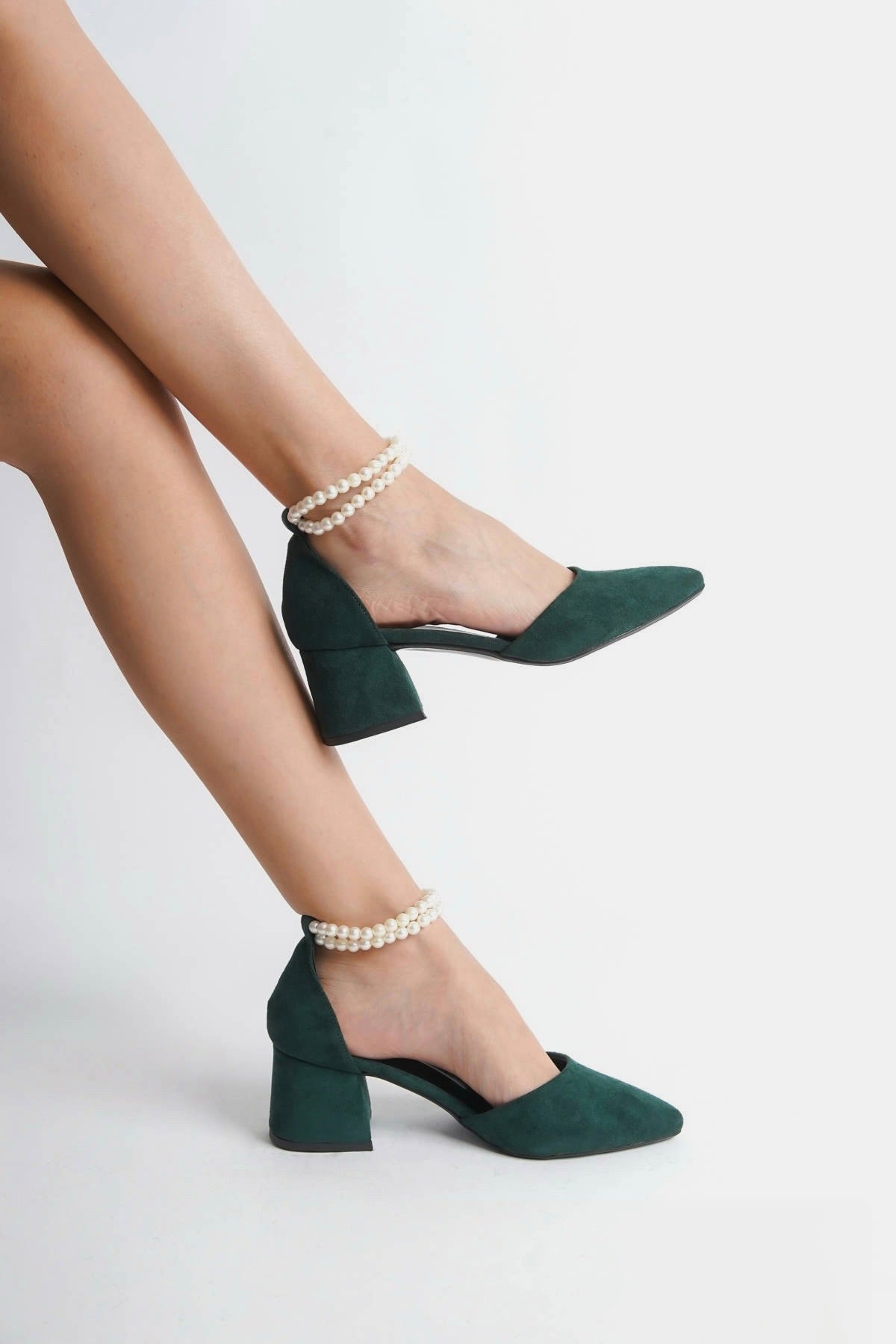 Willow | Emerald Green Suede Mid Heels with Pearls