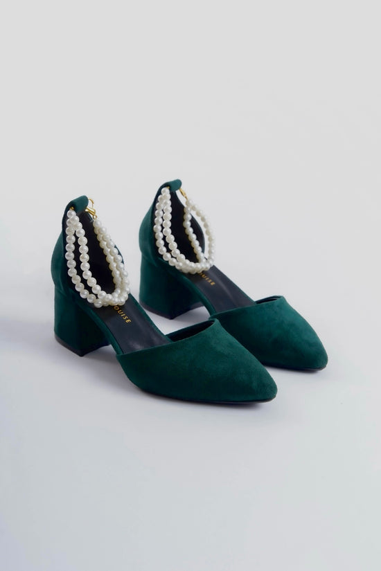 Willow | Emerald Green Suede Mid Heels with Pearls