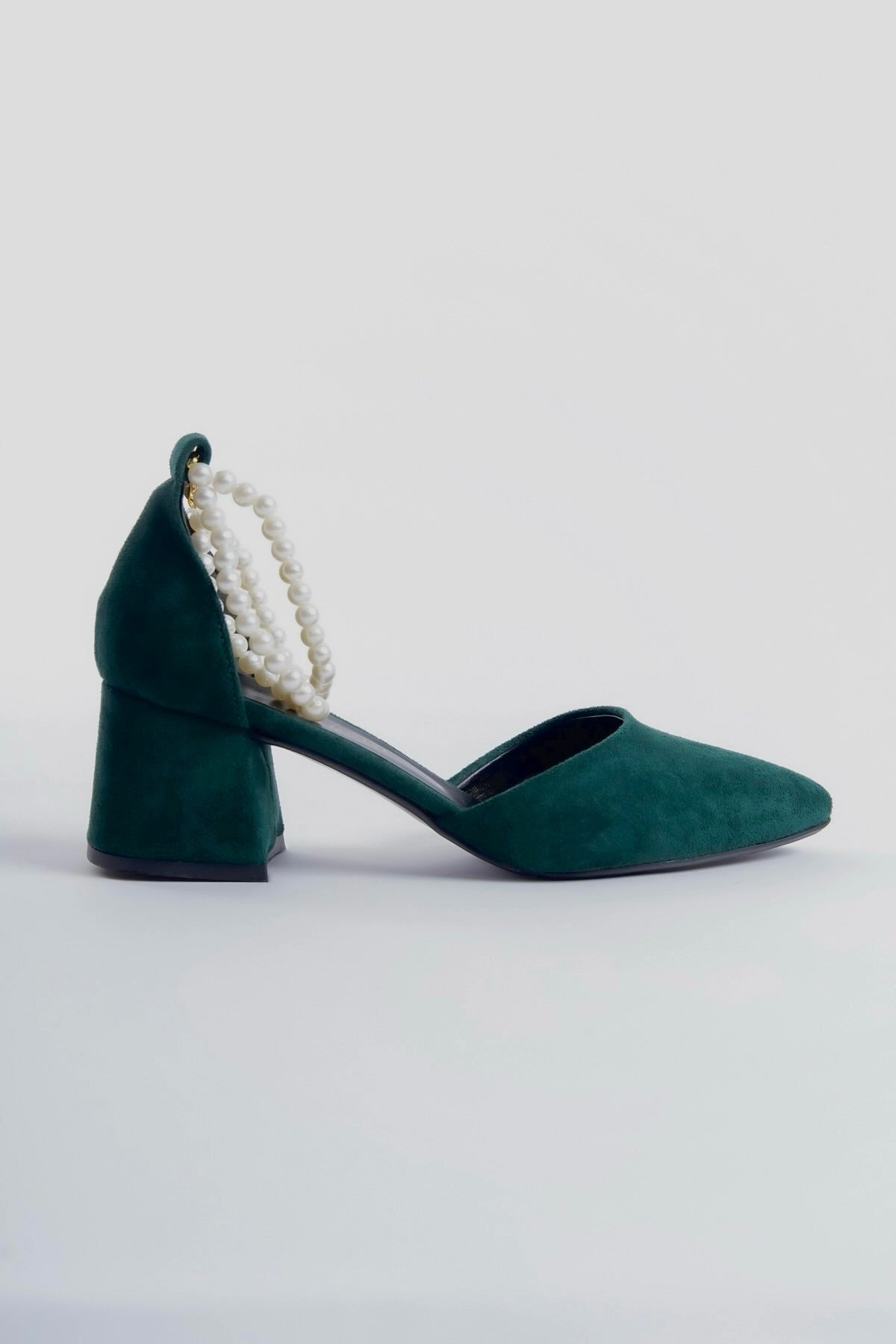 Willow | Emerald Green Suede Mid Heels with Pearls