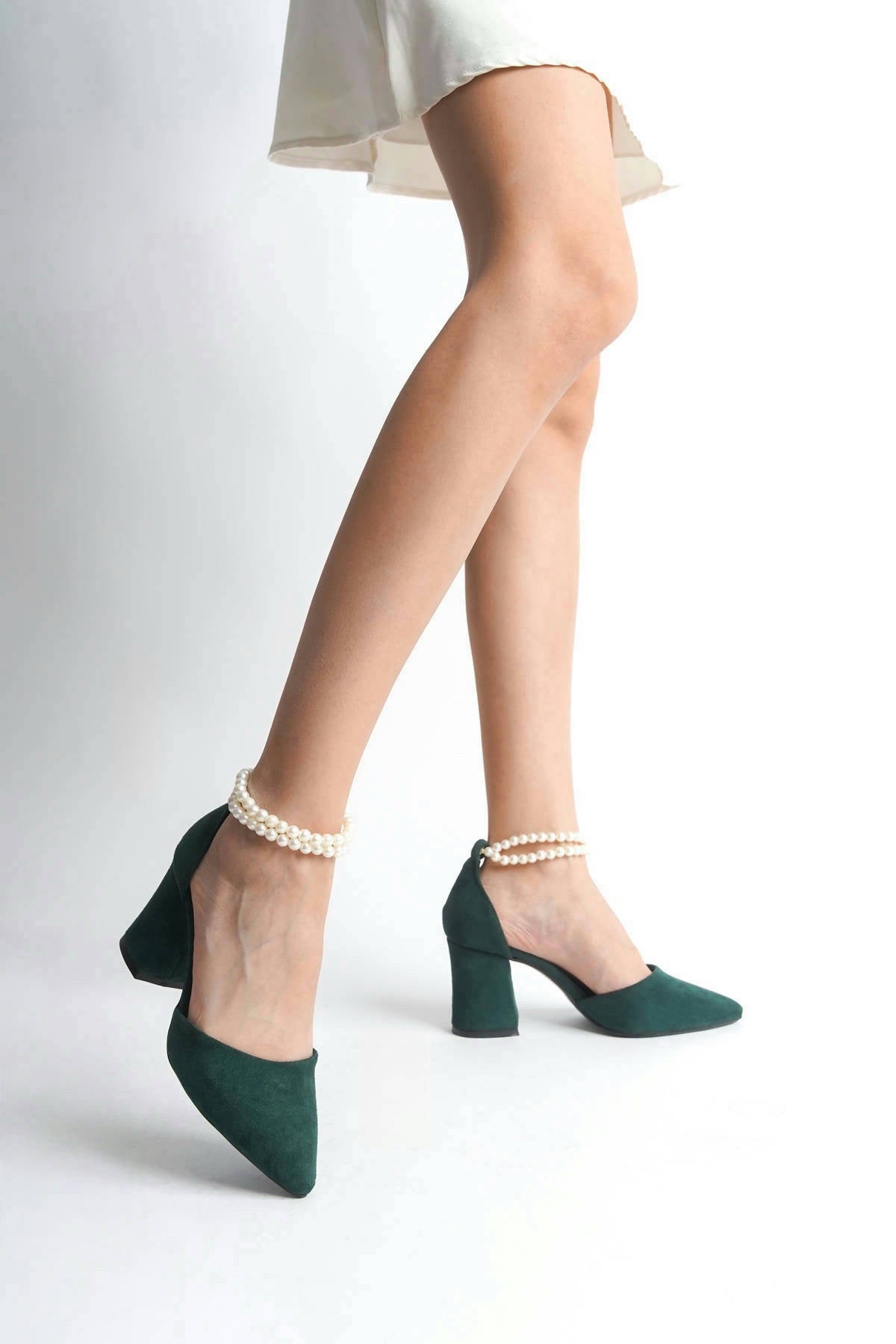 Tess | Emerald Green Suede High Heels with Pearls