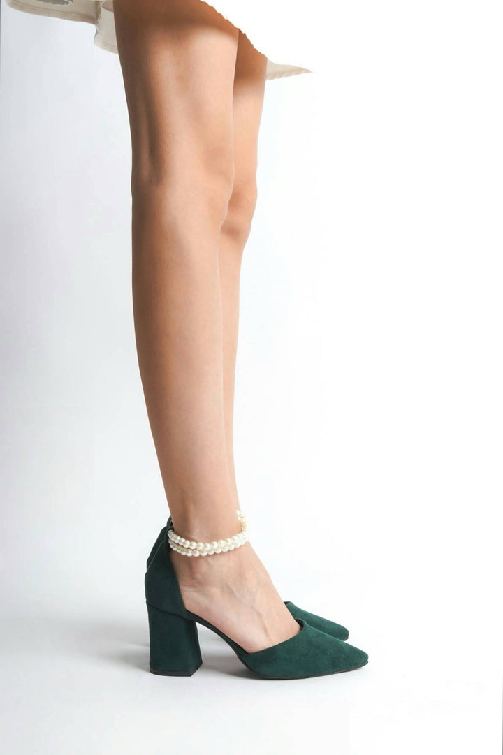 Tess | Emerald Green Suede High Heels with Pearls