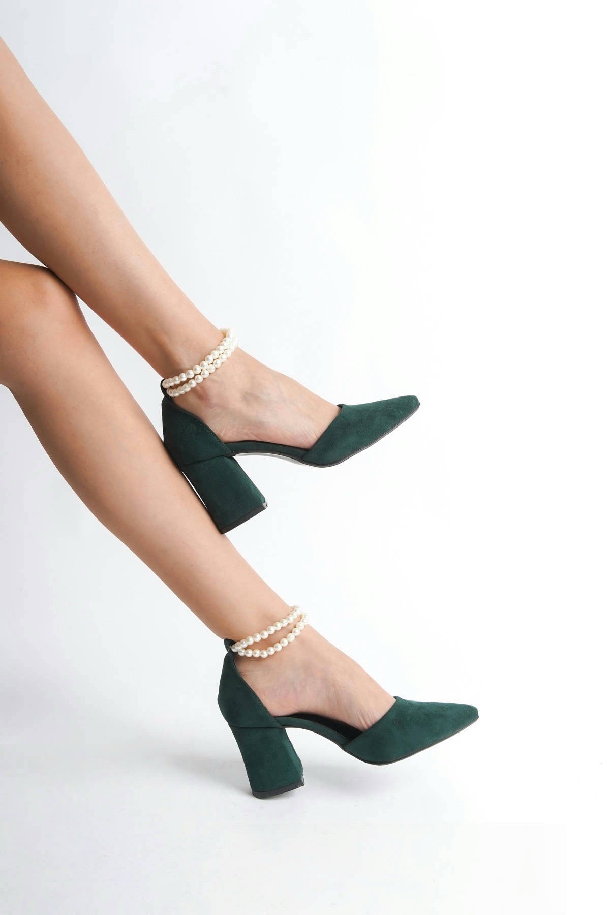 Tess | Emerald Green Suede High Heels with Pearls