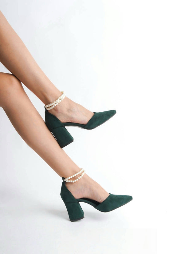 Tess | Emerald Green Suede High Heels with Pearls