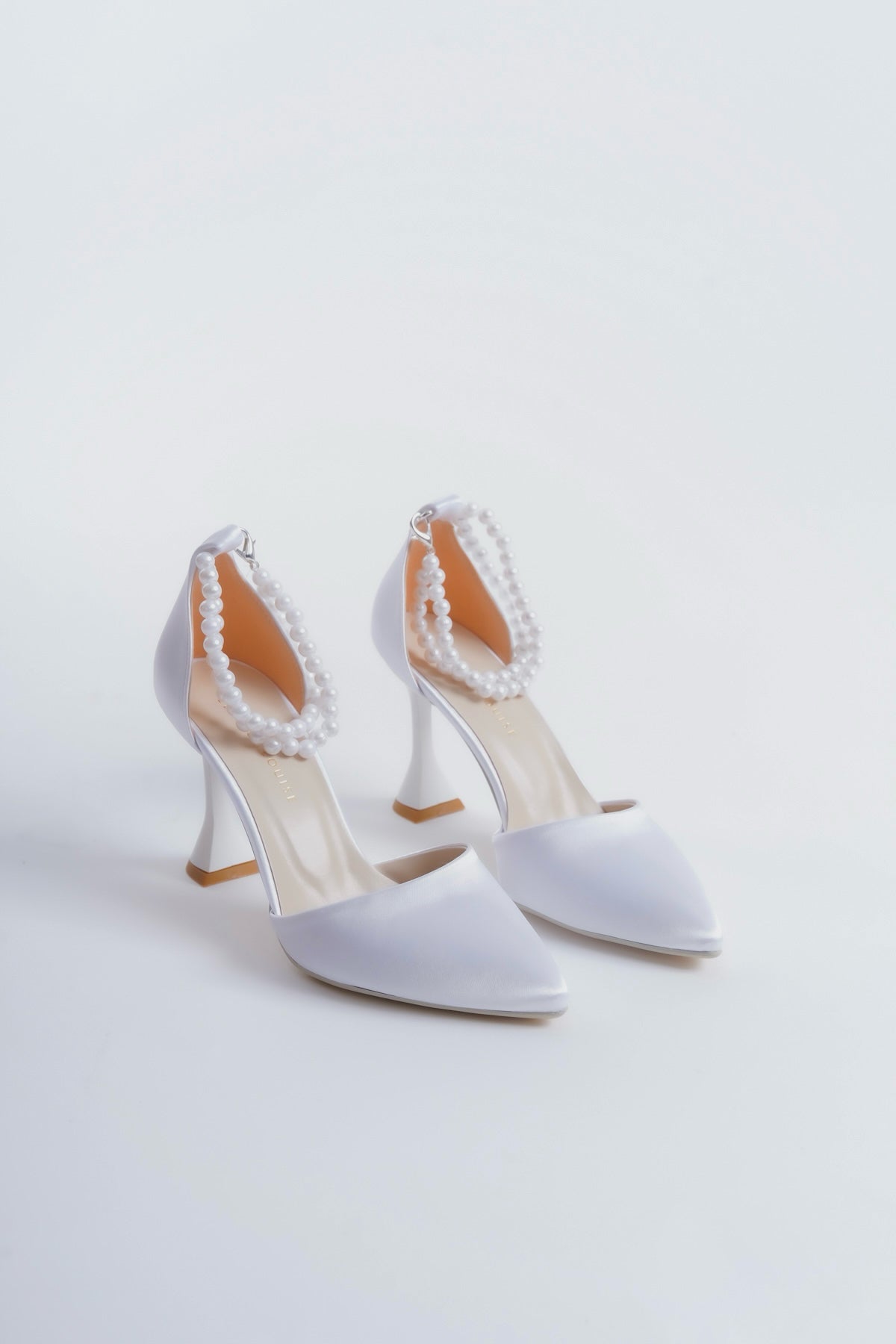 Eurydice | White Satin Stiletto Heels with Pearls