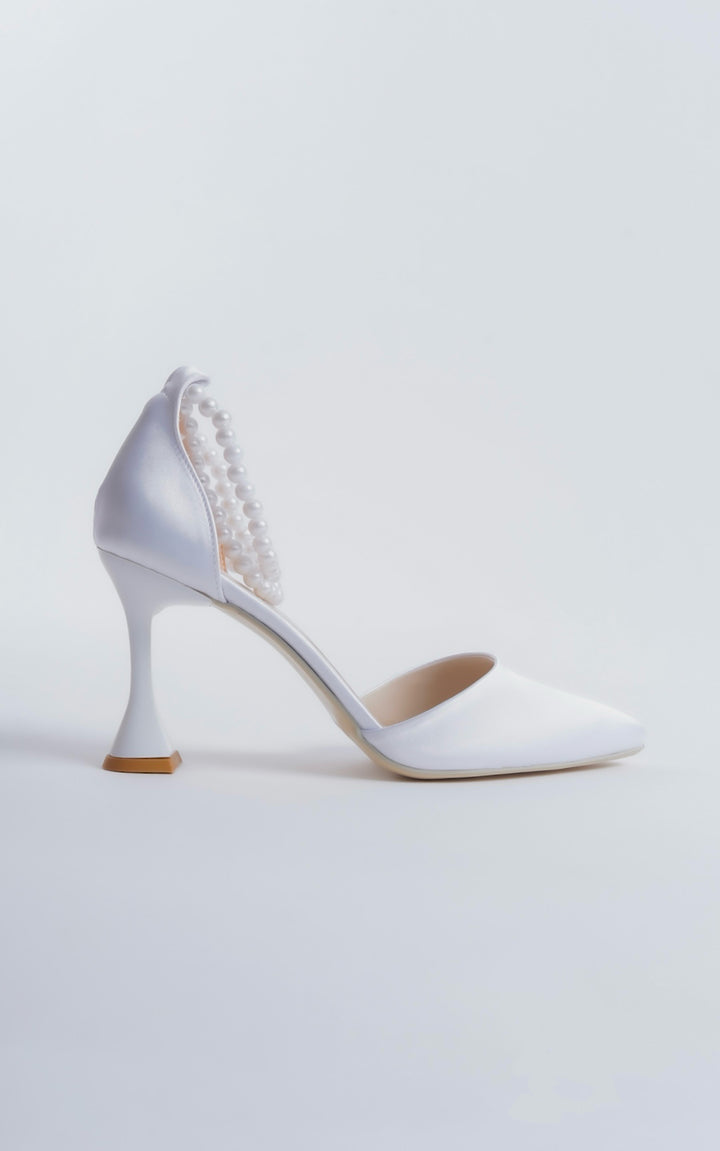 Eurydice | White Satin Stiletto Heels with Pearls