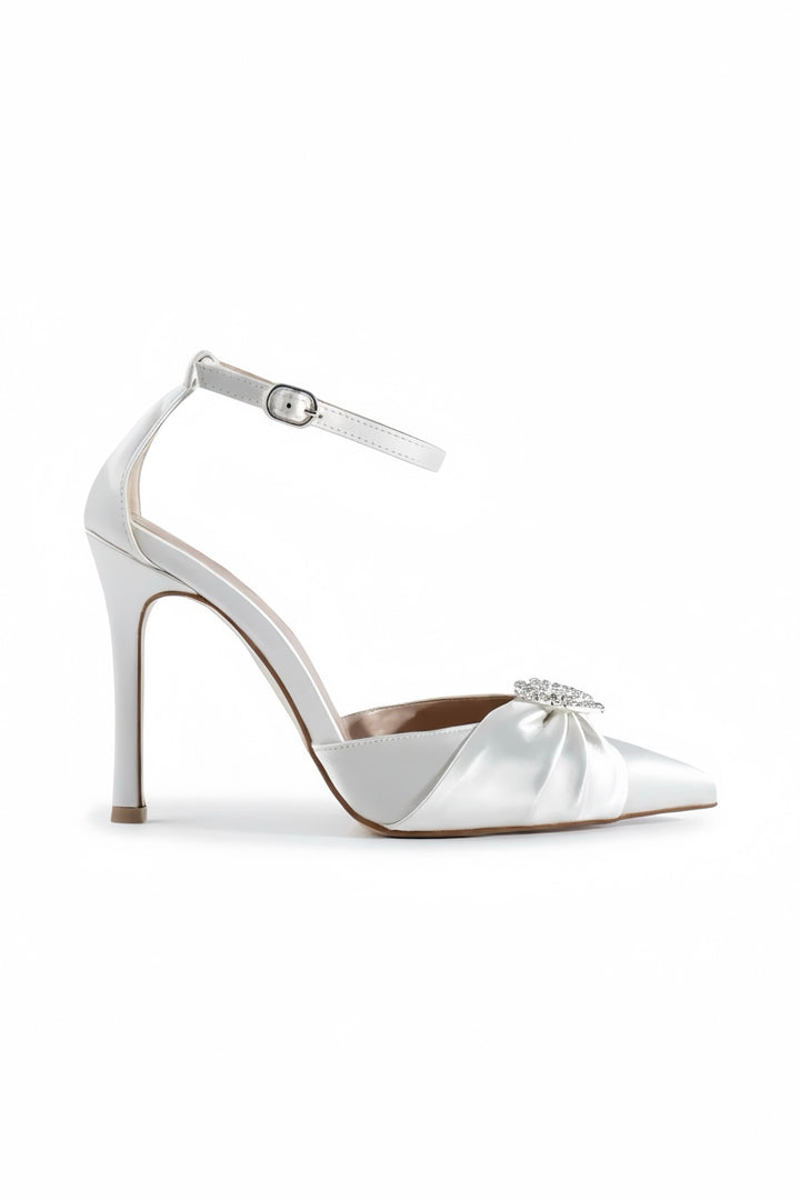 Carla | Ivory Satin High Heels Bow with Heart Stone
