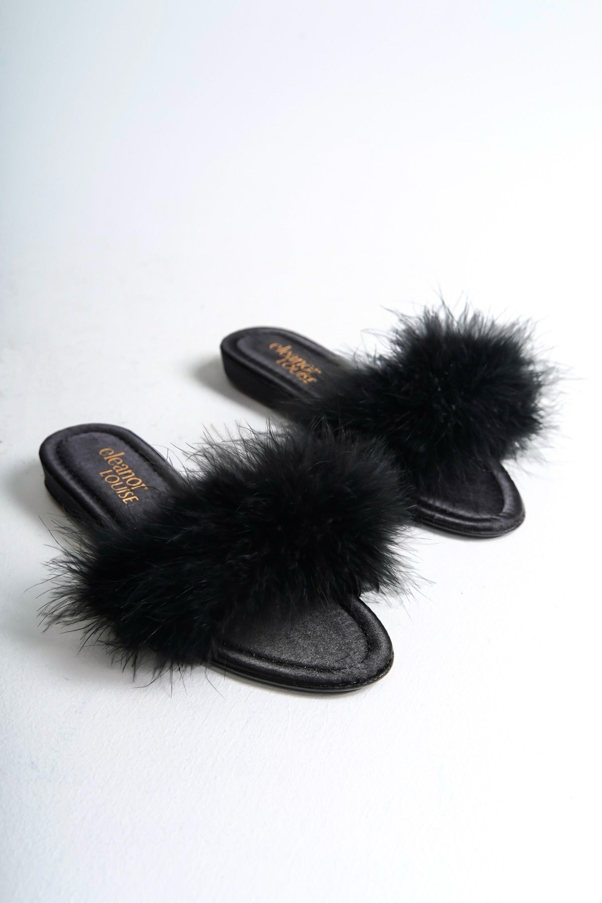 Tabitha | Black Satin Feather Mule