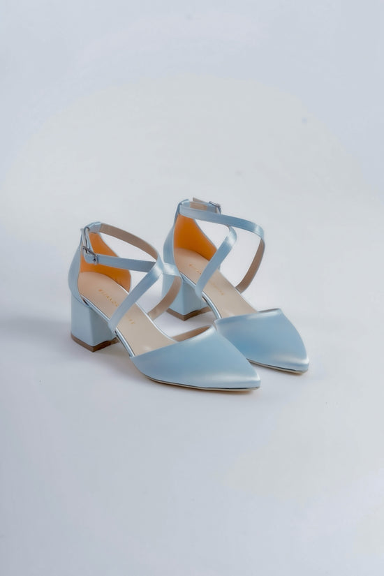 Pilar | Baby Blue Satin Criss Cross Mid Heels