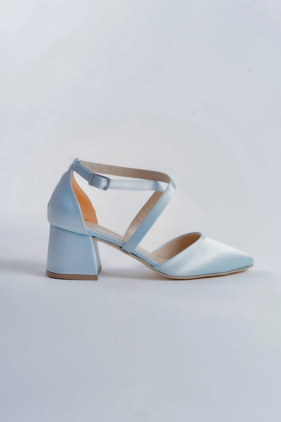 Pilar | Baby Blue Satin Criss Cross Mid Heels