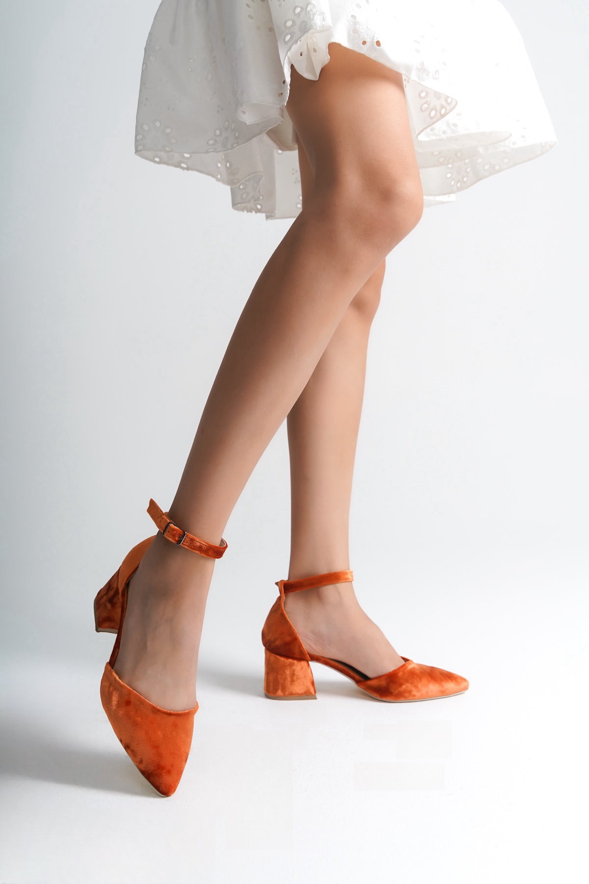 Charlotte | Orange Velvet Mid Heels