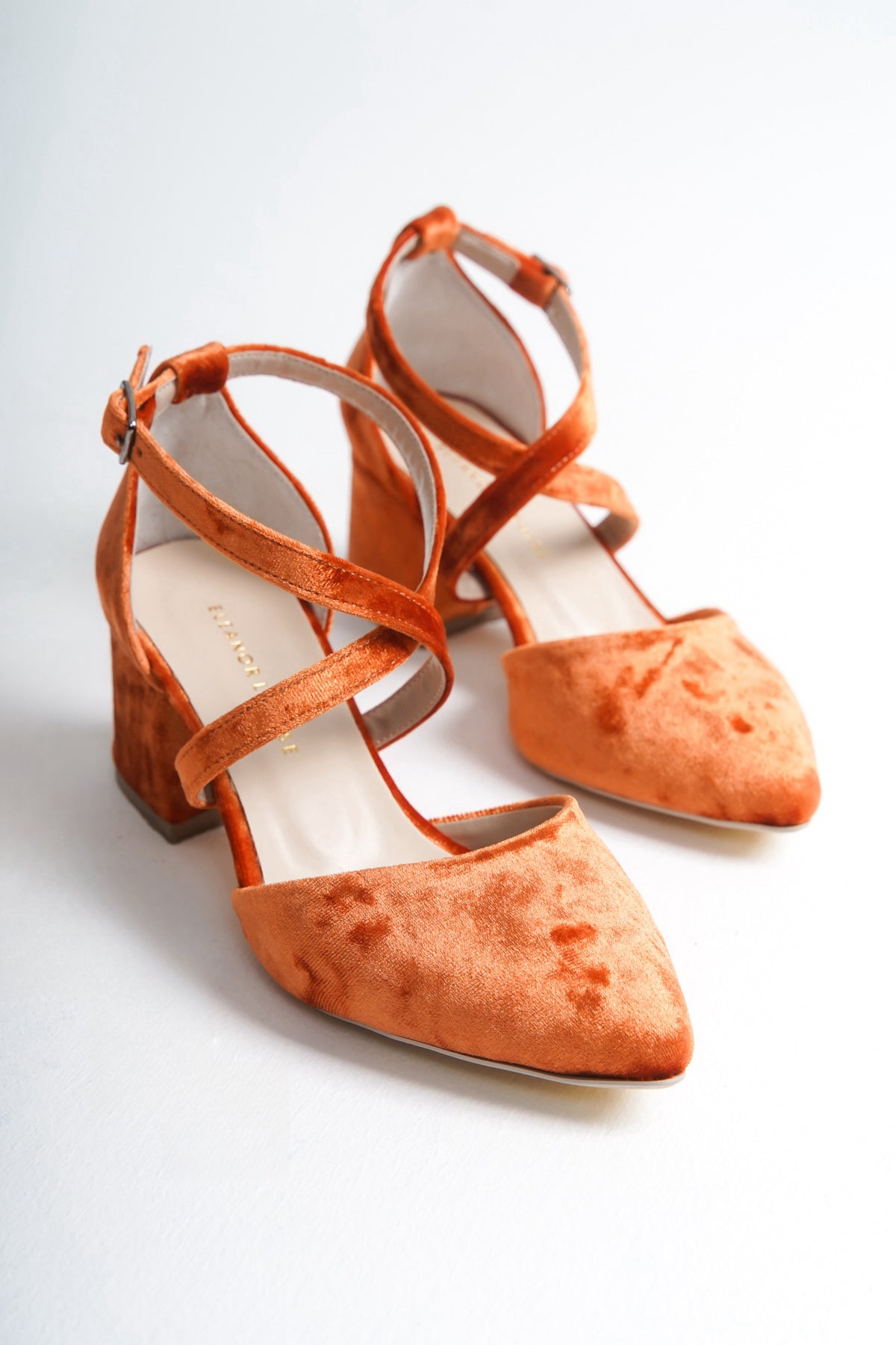 Solveig | Orange Velvet Criss Cross Mid Heels