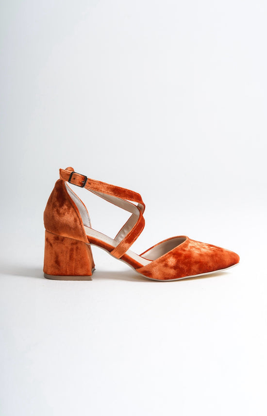 Solveig | Orange Velvet Criss Cross Mid Heels