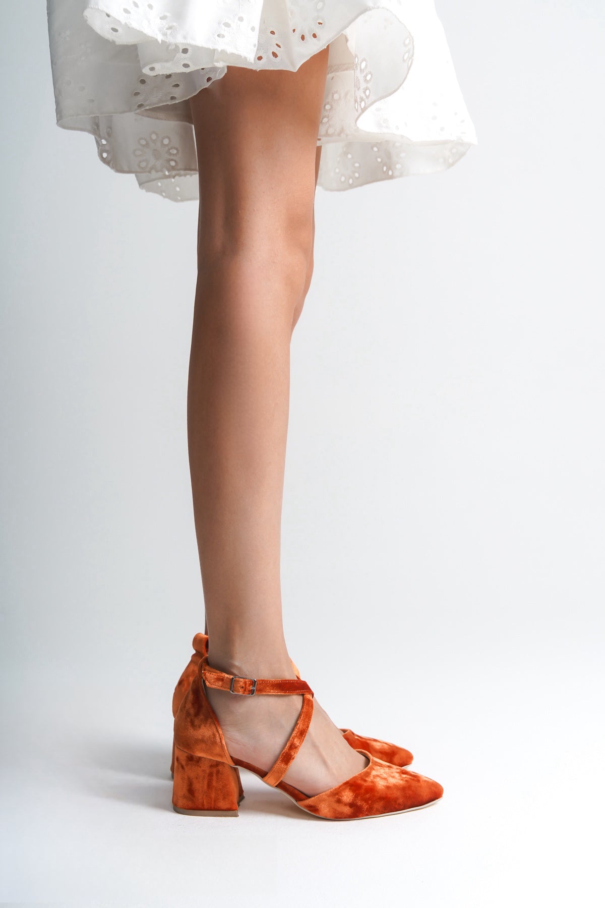 Solveig | Orange Velvet Criss Cross Mid Heels