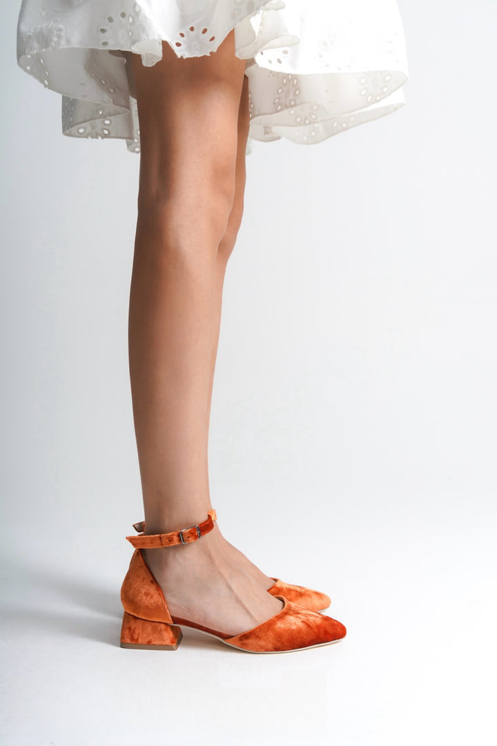 Trine | Orange Velvet Low Heels