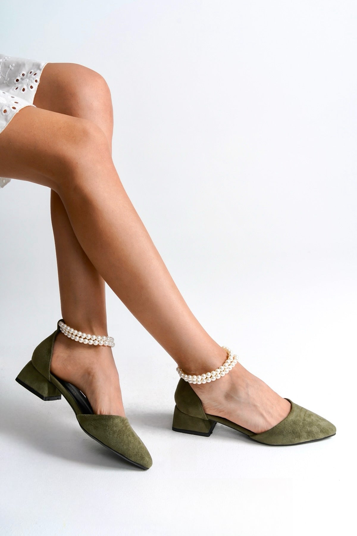 Arna | Sage Green Low Heels with Pearls