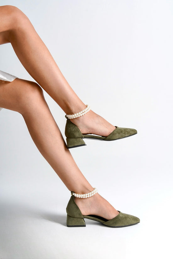 Arna | Sage Green Low Heels with Pearls