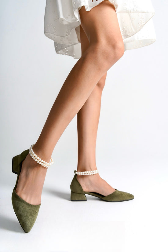 Arna | Sage Green Low Heels with Pearls