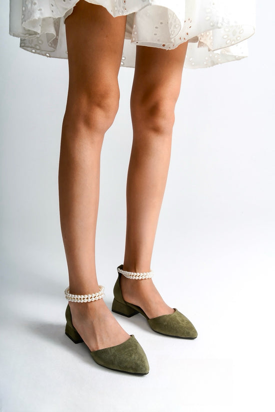 Arna | Sage Green Low Heels with Pearls