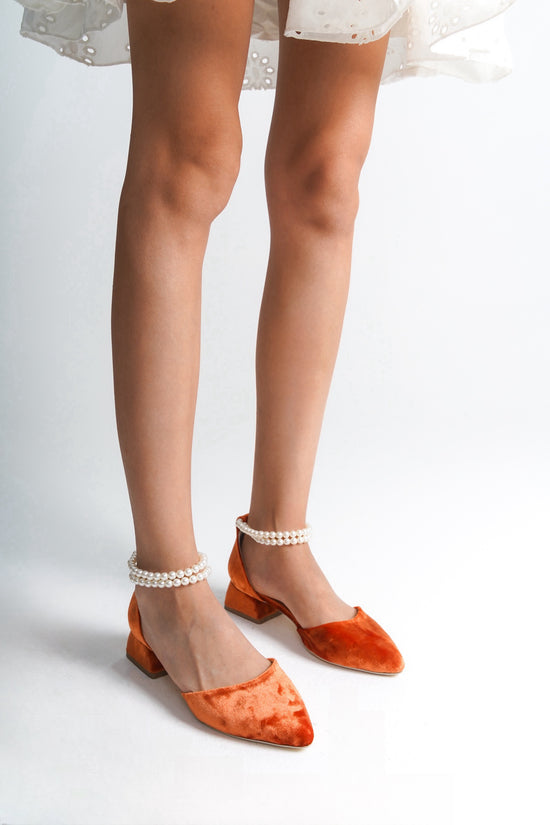 Trine | Orange Velvet Low Heels with Pearls