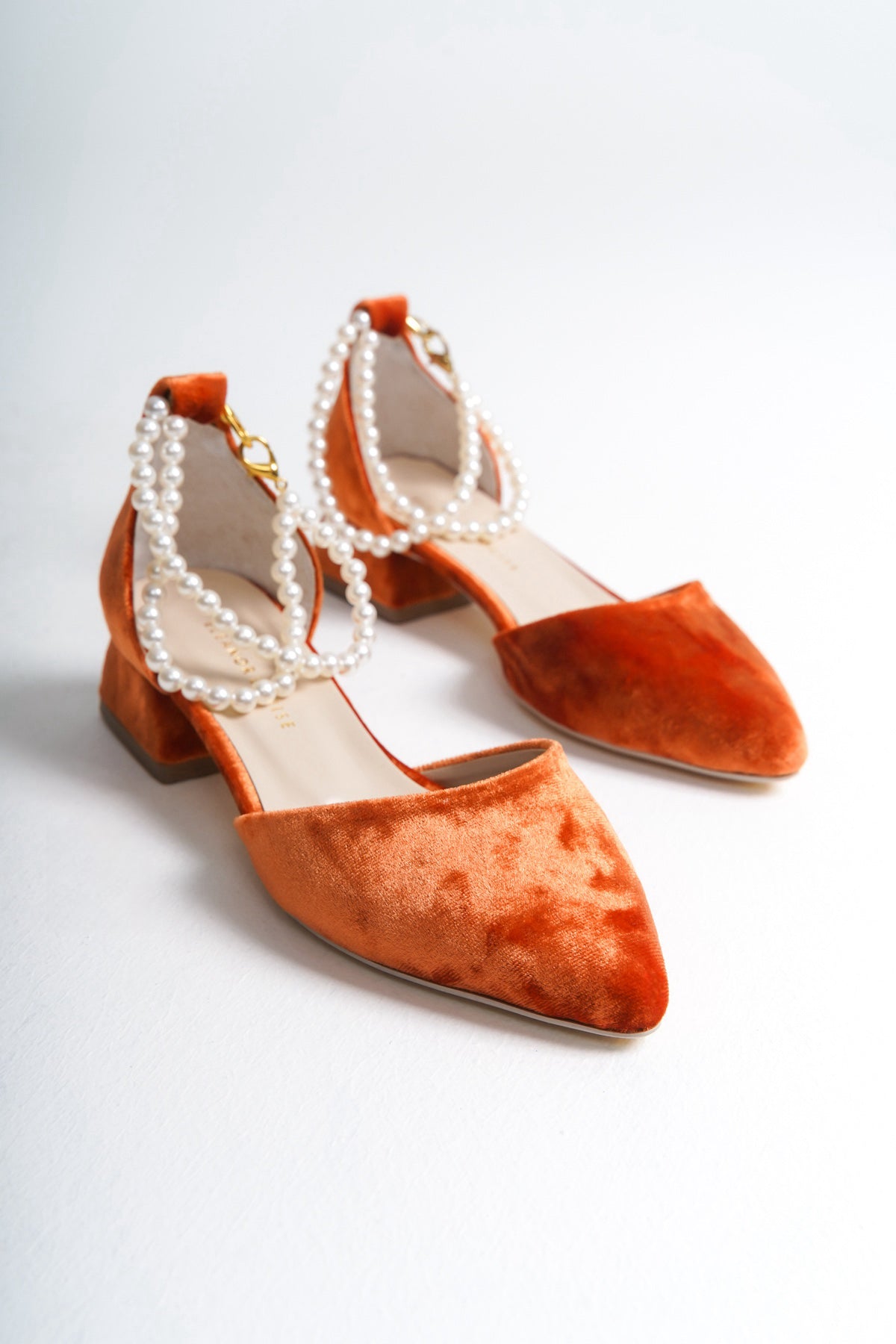 Trine | Orange Velvet Low Heels with Pearls