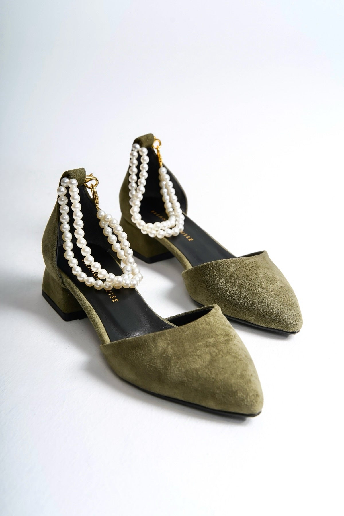 Arna | Sage Green Low Heels with Pearls