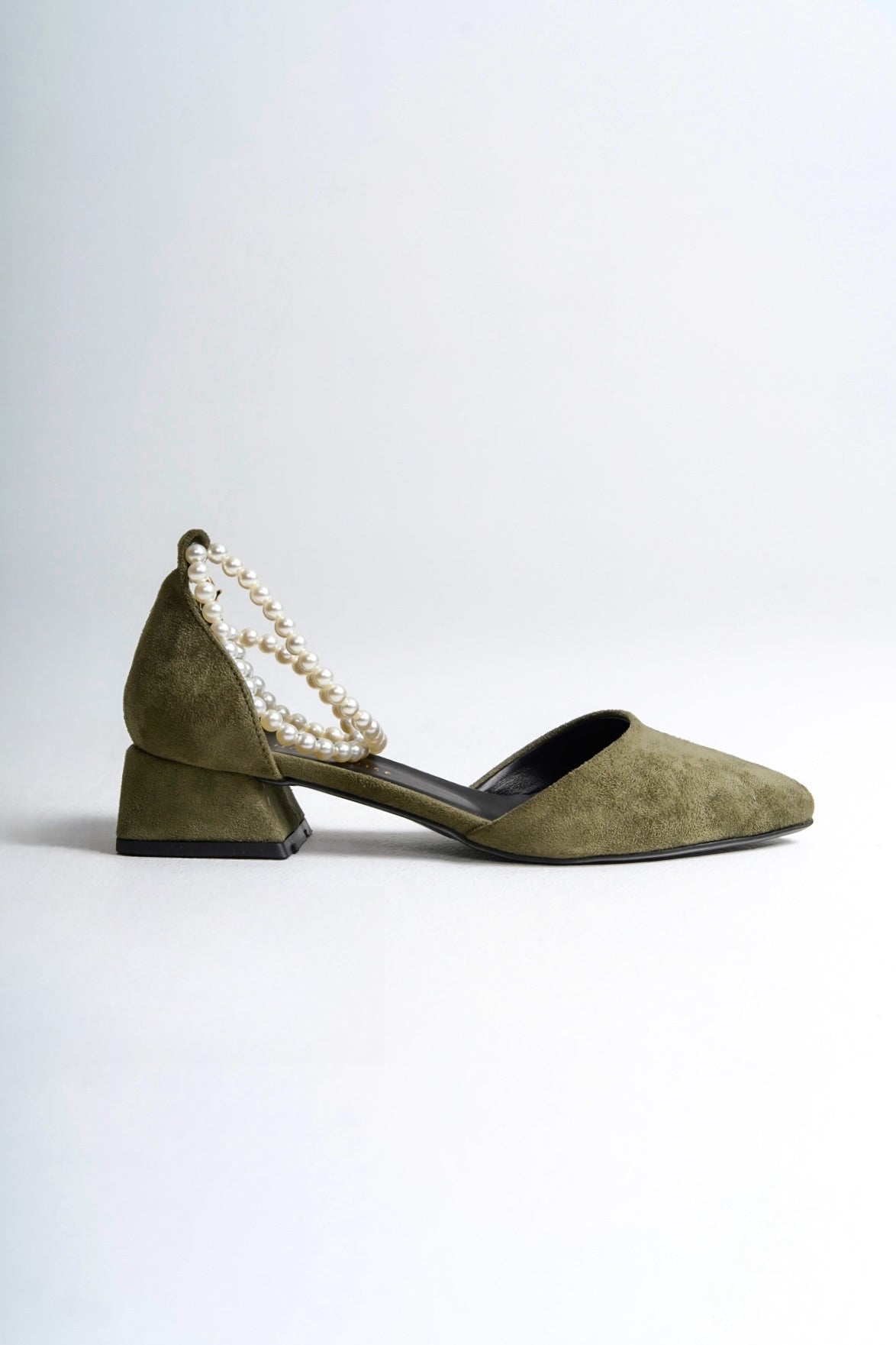 Arna | Sage Green Low Heels with Pearls