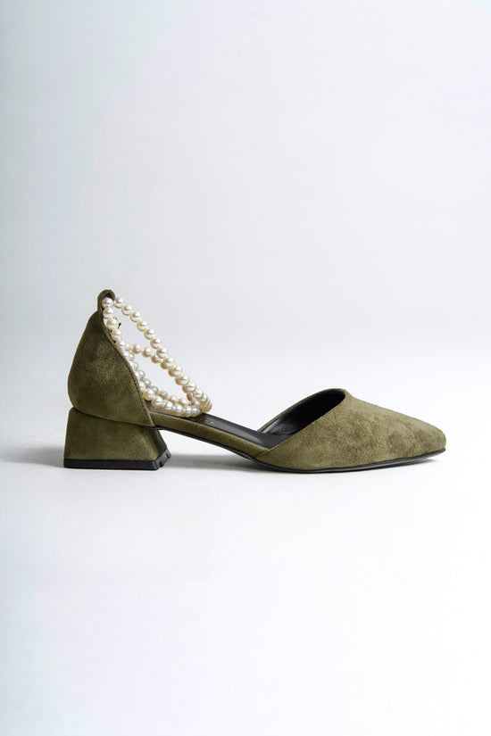 Arna | Sage Green Low Heels with Pearls