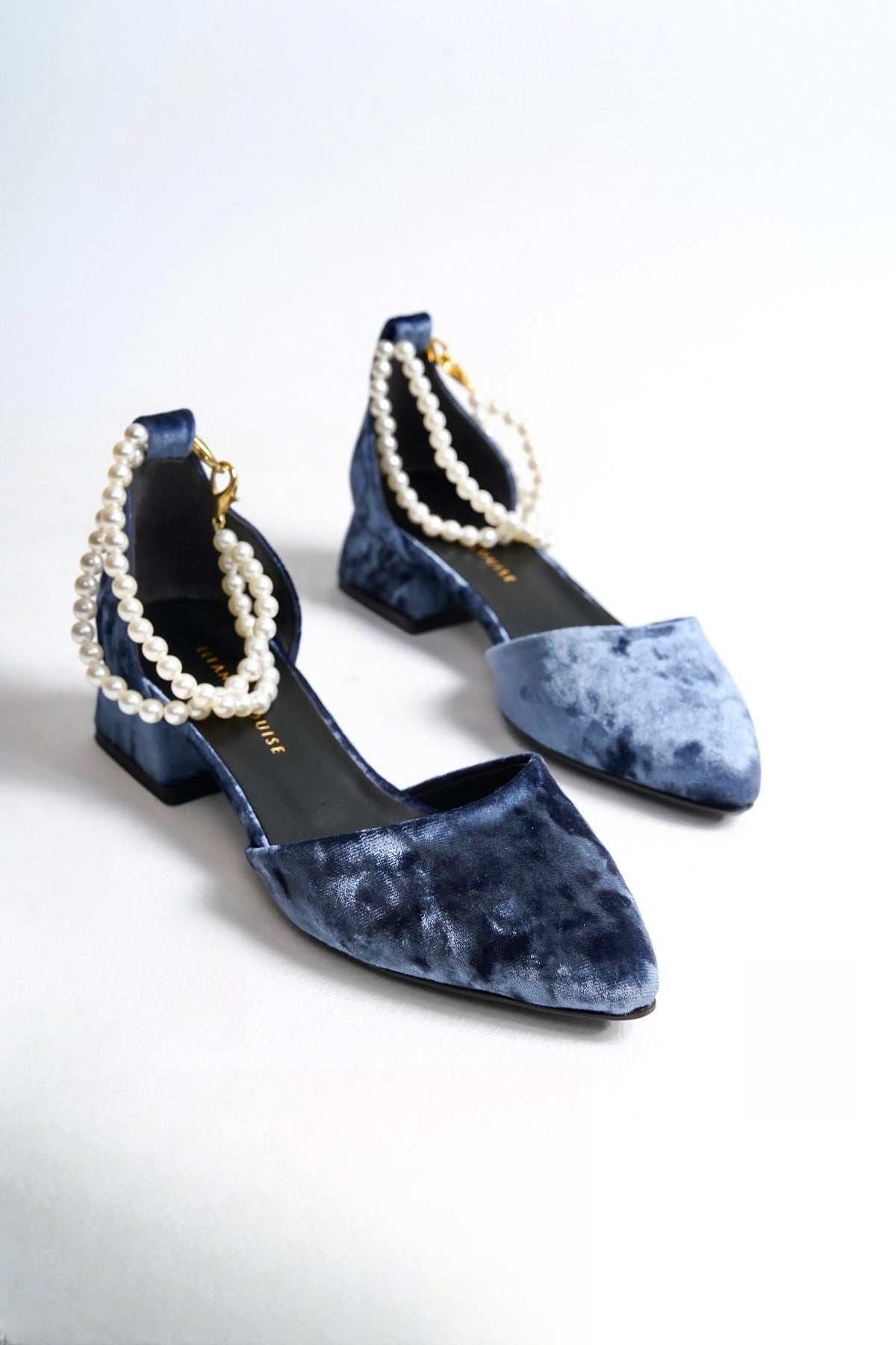 Petra | Indigo Blue Velvet Low Heels with Pearls