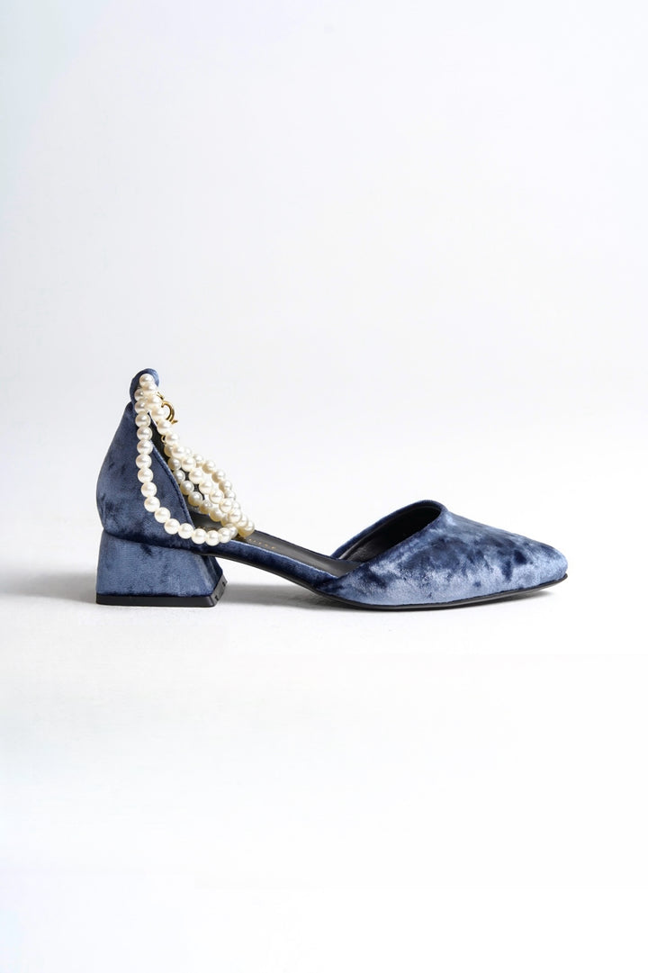 Petra | Indigo Blue Velvet Low Heels with Pearls