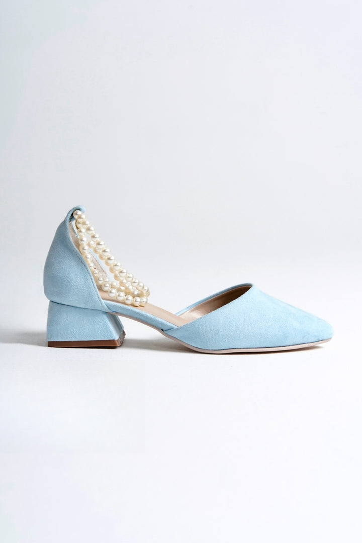 Aurora | Baby Blue Suede Low Heels with Pearls