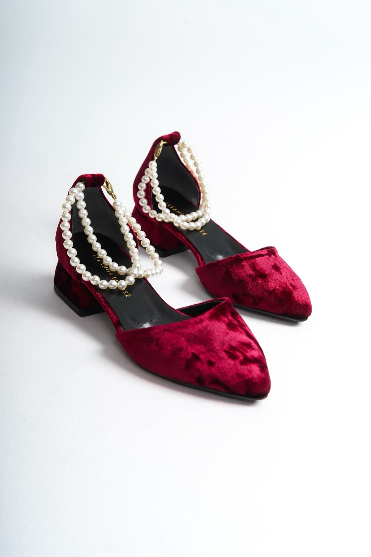 Quinta | Burgundy Velvet Low Heels with Pearls