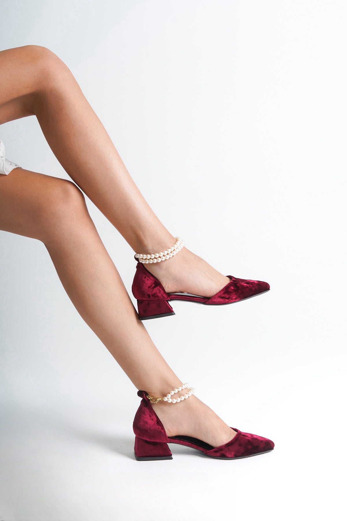 Quinta | Burgundy Velvet Low Heels with Pearls