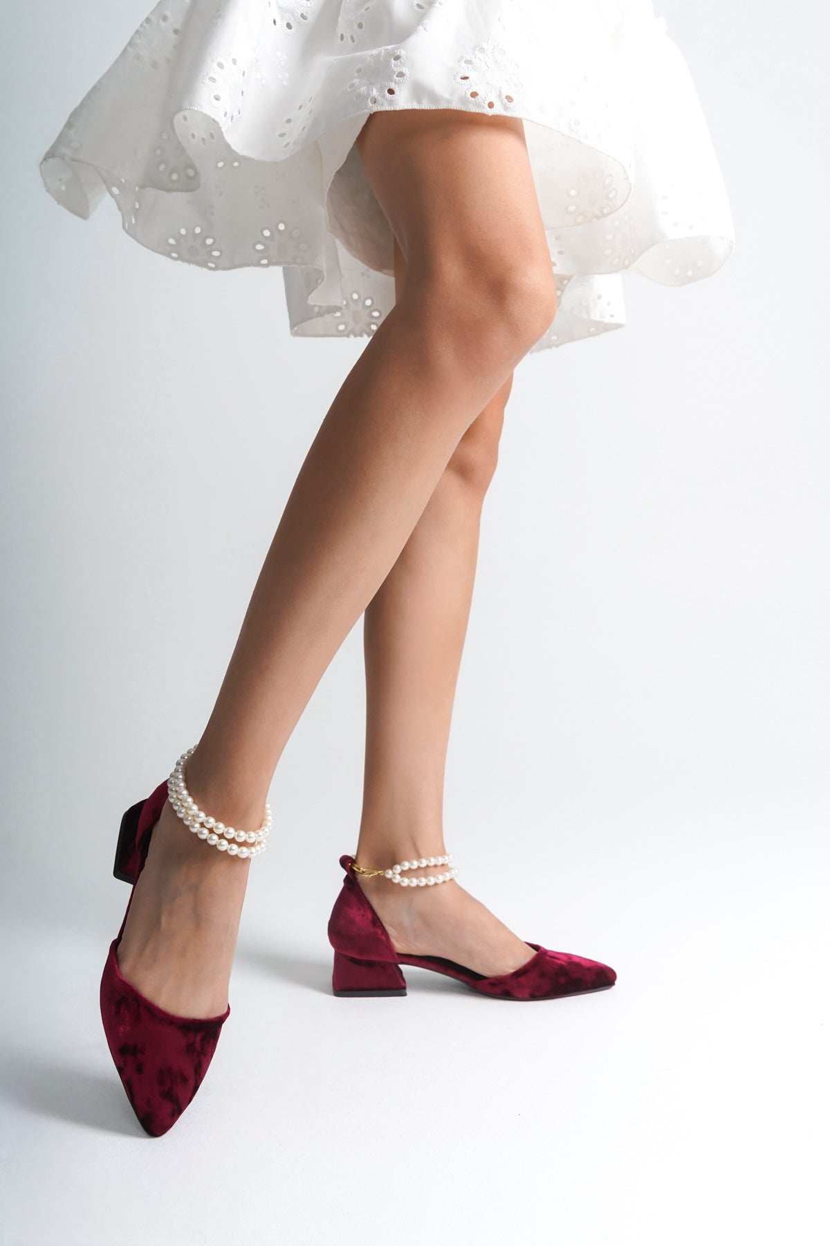 Quinta | Burgundy Velvet Low Heels with Pearls