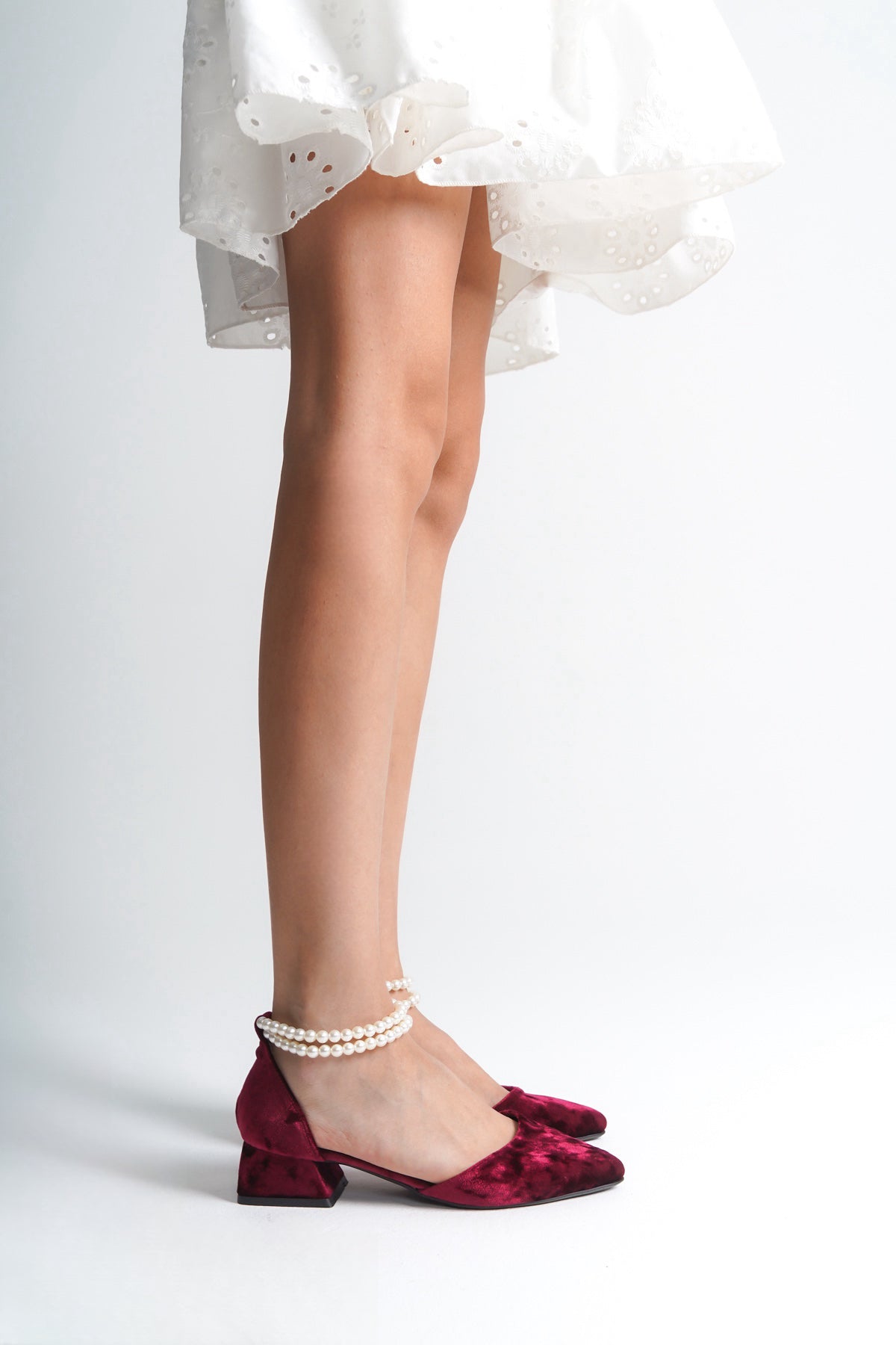 Quinta | Burgundy Velvet Low Heels with Pearls