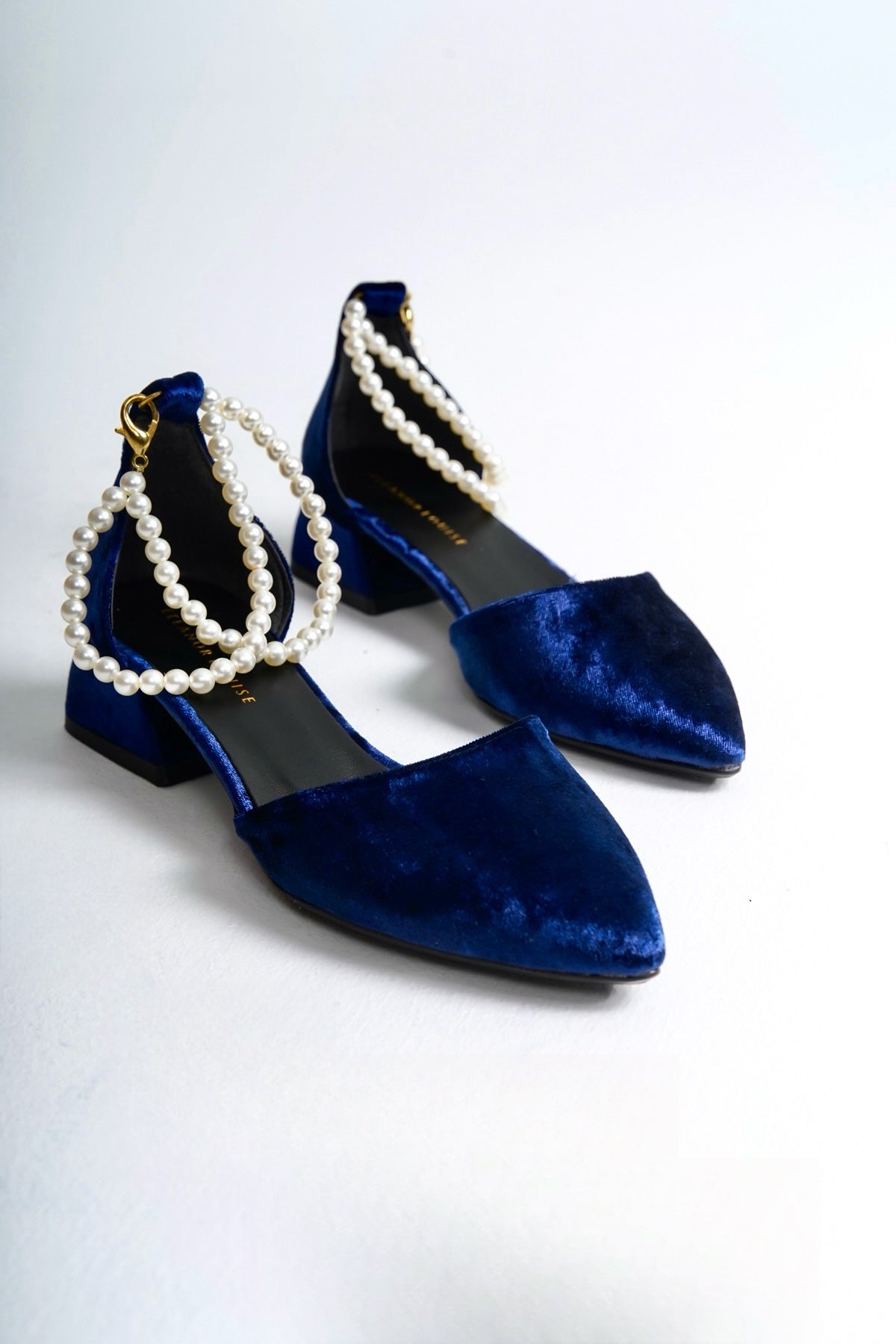 Helle | Navy Velvet Low Heels with Pearls